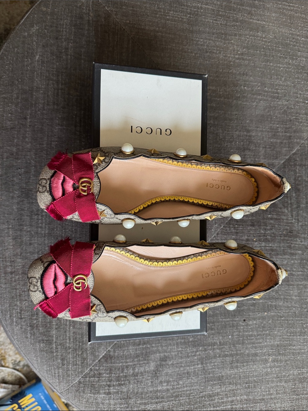 Gucci Brown GG Canvas Flats with Pink Bow & Pearl Trim